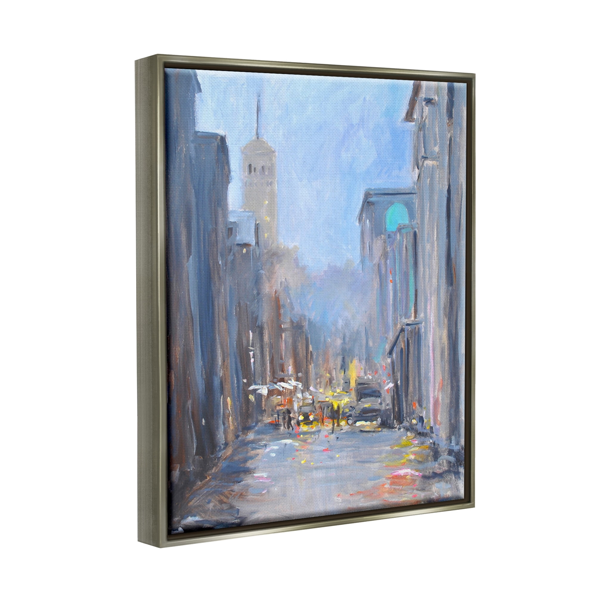 Stupell Industries Abstract Rainy City Reflections Tall Urban Buildings Painting Luster Gray Floating Framed Canvas Print Wall Art, Design by Allayn Stevens
