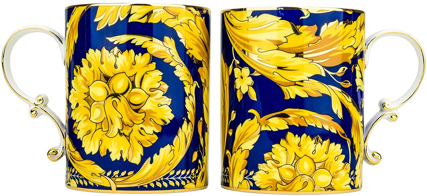 Majestic Porcelain "Gold Carnation" 12 Oz Coffee Mugs, Luxury Porcelain