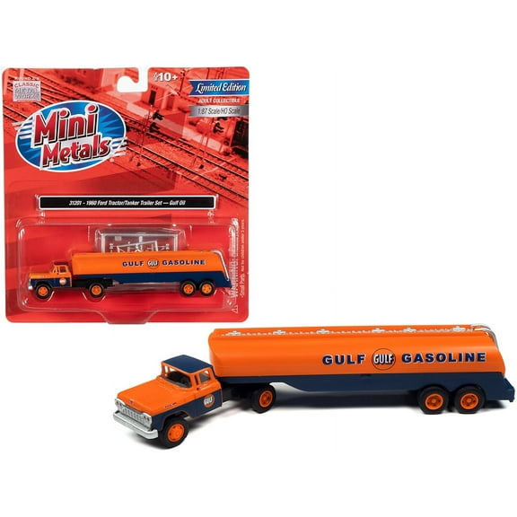 1960 Ford Tanker Truck Orange and Blue "Gulf Oil" 1/87 (HO) Scale Model Vehicle by Classic Metal Works
