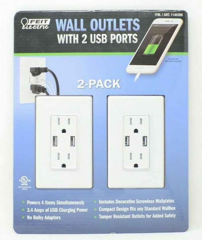 2-Pack Feit Electric Tamper Resistant Wall Outlets FAST CHARGE USB Ports 4.8 amp 