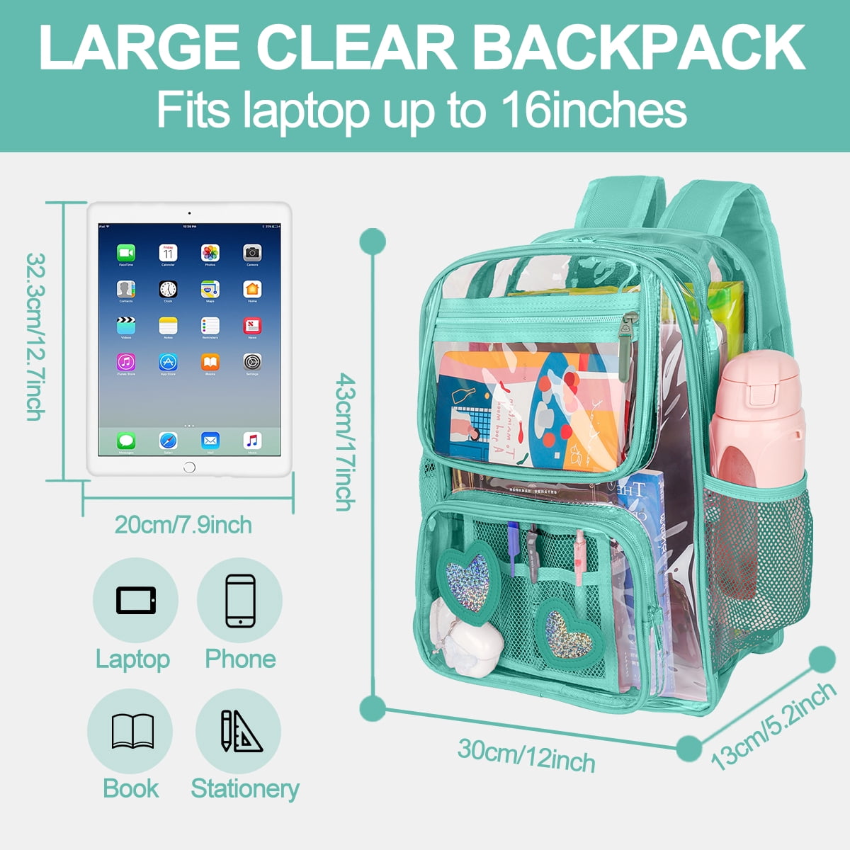 DAKIMOE Clear Backpack Heavy Duty Stadium Approved School Cute Transparent Backpacks Clear Bag Travel