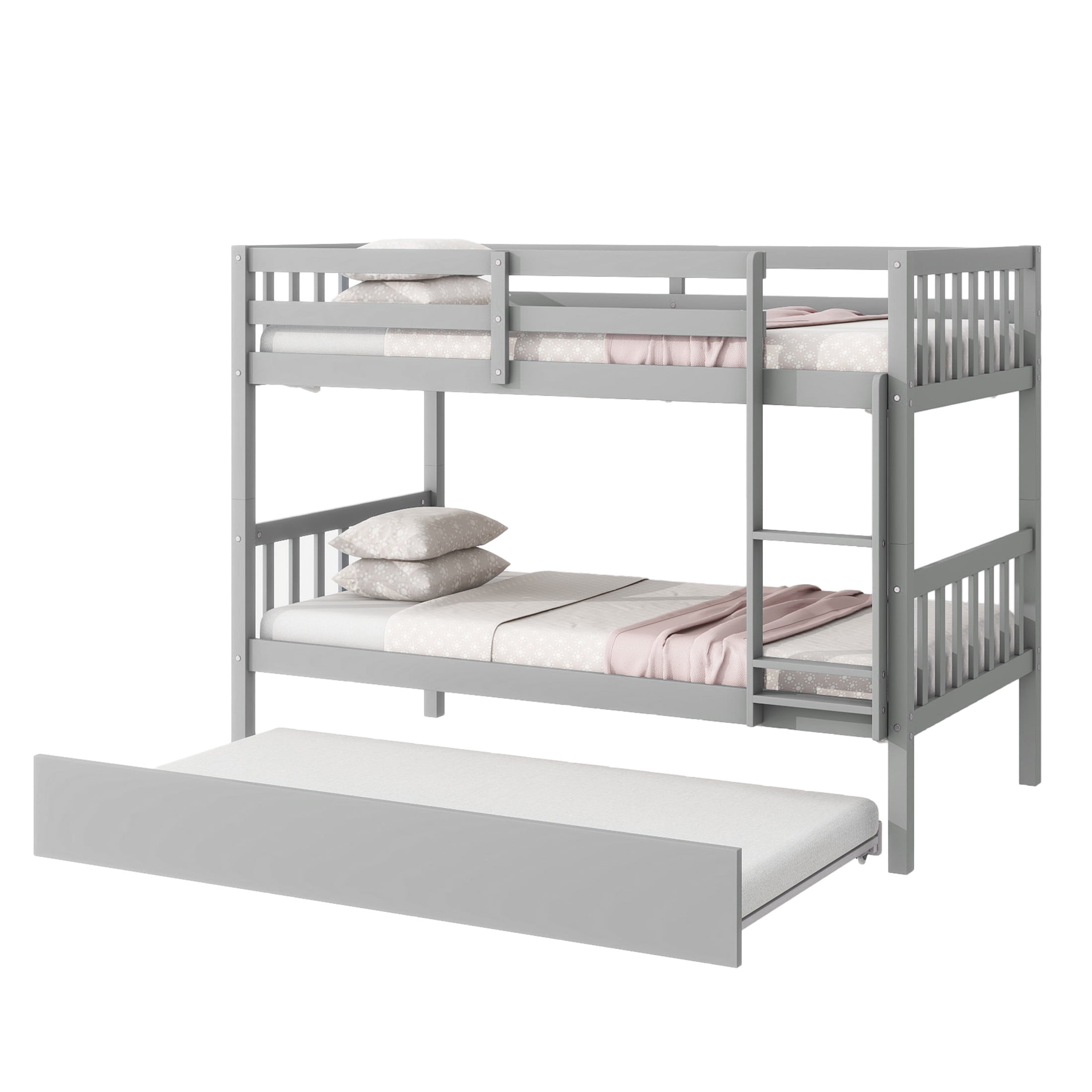 Noble House Twin Over Twin Bunk Bed with Trundle, Rubber Wood Frame with Ladder and Guardrails, Convertible, Grey