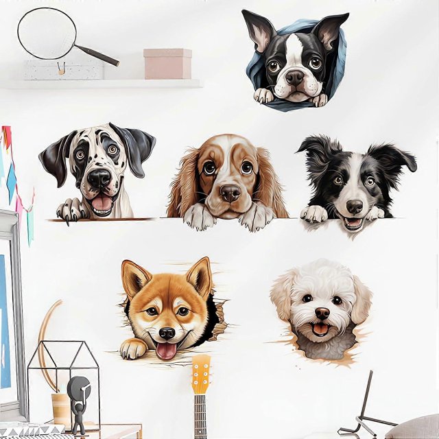 Six Breeds of Puppies Wall Stickers, sacinora DIY Dog Wall Decals Pomeranian Bichon Frise Husky Border Collie French Bulldog Shiba Inu Removable Vinyl