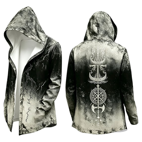 EliteGoogv Hooded Jackets For Men Zip Front Norse Style Longline Coat Halloween Occasion Wear Mens Gothic Cardigan Coats Light Gray