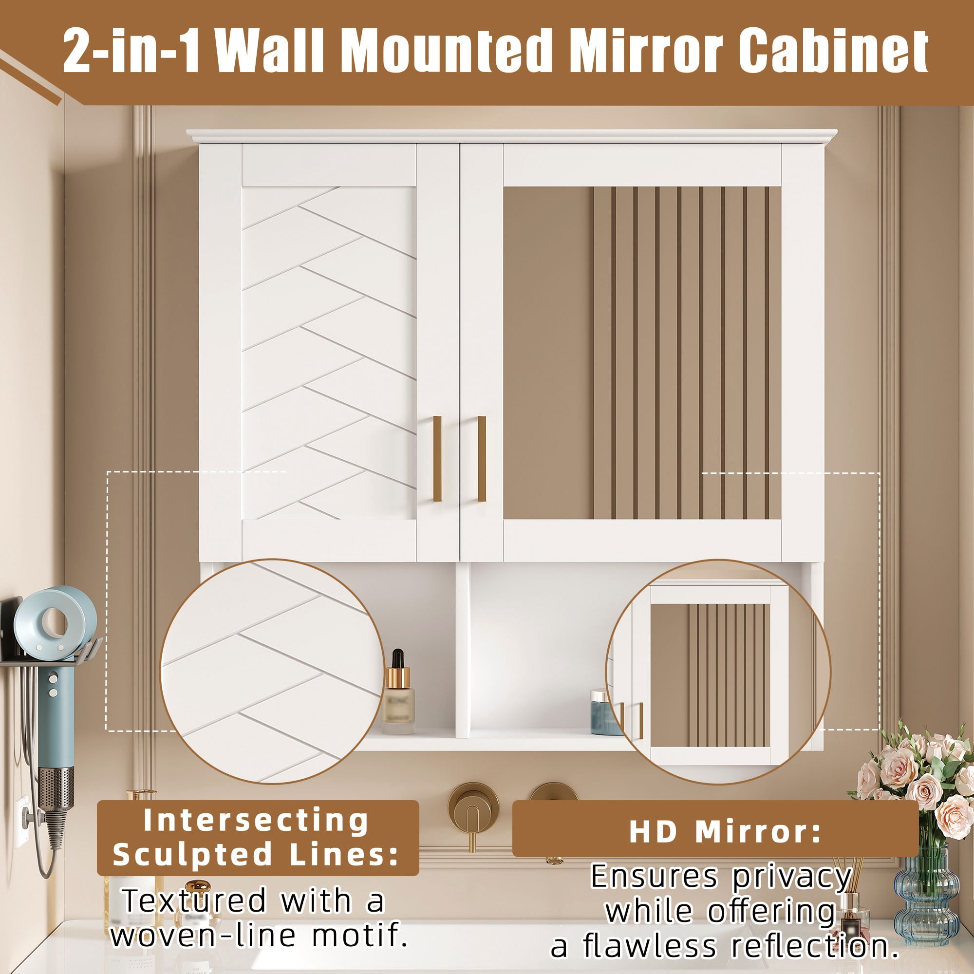 Euroco 2-in-1 Bathroom Mirror Cabinet, 30 inch Wall Mounted Medicine Cabinet with Adjustable Shelves & Soft Close Doors, High-Define Mirror with Storage for Bathroom Vanity