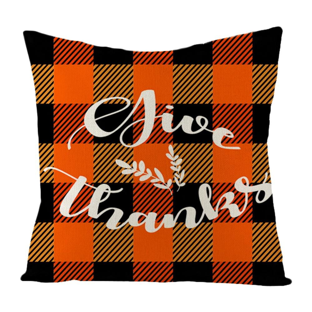 Thanksgiving Linen Pillow Cover,Fall Harvest Buffalo Plaid Punpkin