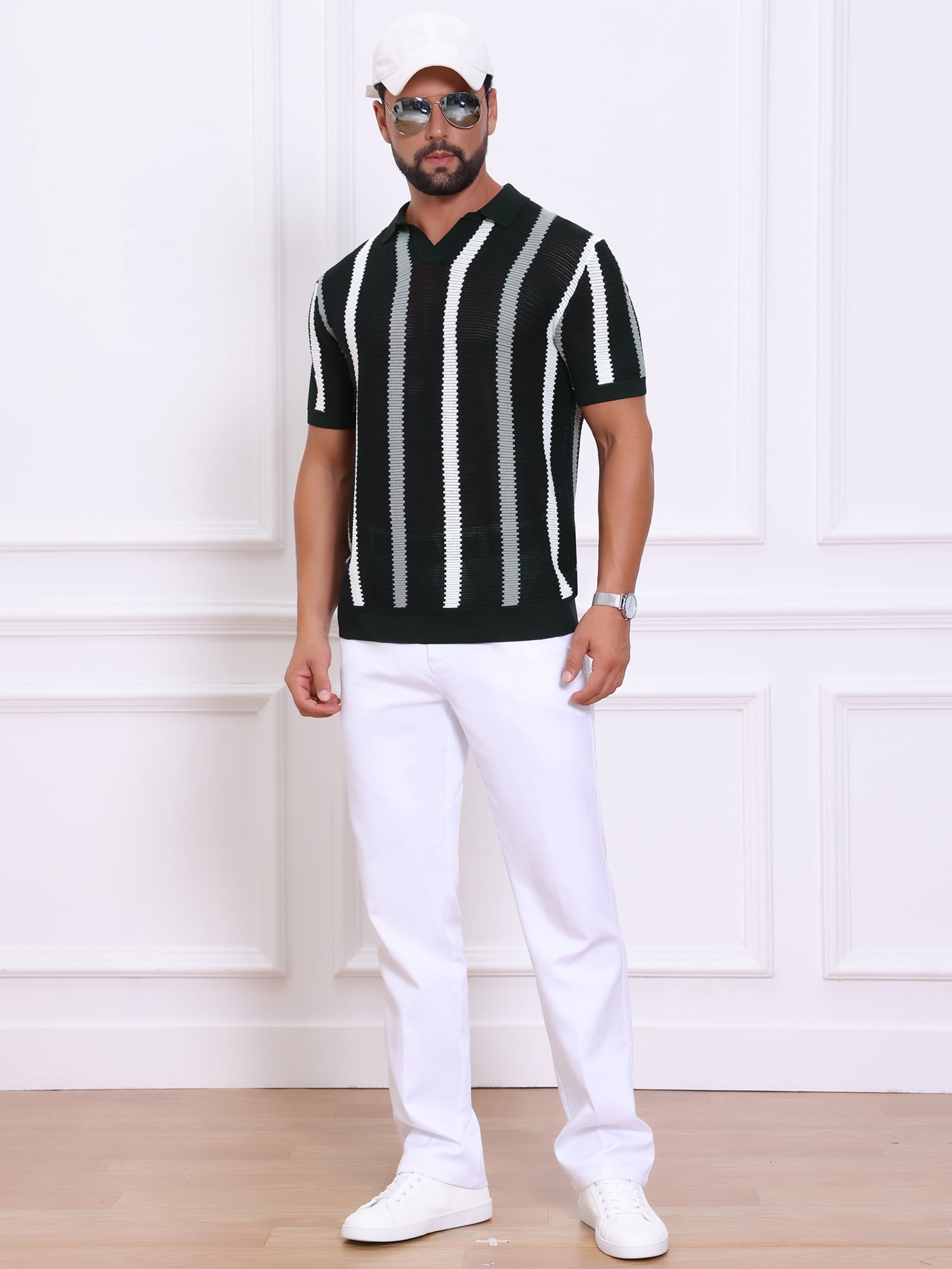 DARING DIVA Men's Hollow Knit Polo Shirt V Neck Short Sleeve Golf Polo Shirts S Black