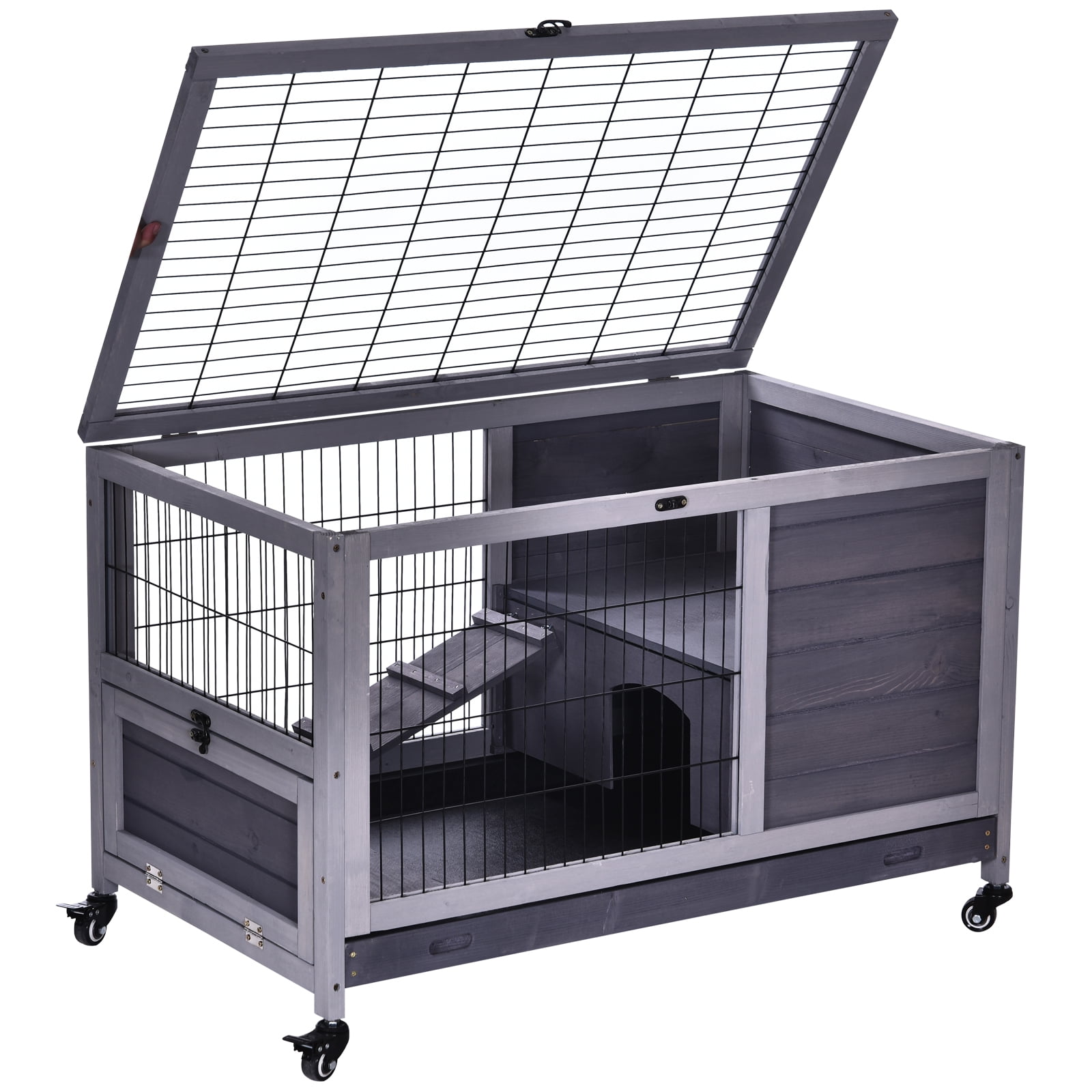 PawHut Wooden Indoor Rabbit Hutch Elevated Cage Habitat with Enclosed