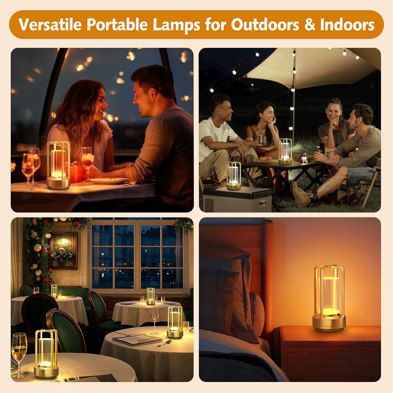 Portable Metal Table Lamp, 2000 mAh Rechargeable Outdoor Table Lamp Cordless, 3 Color Stepless Dimmable Atmosphere Table Lamps for Patio, Camping, Coffee table decor lamp for Indoor/Outdoor