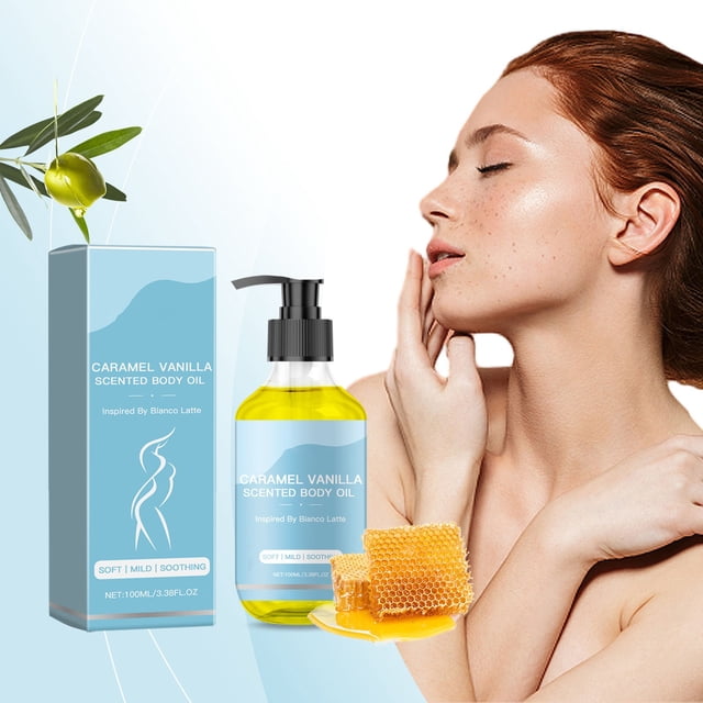 Aceite esencial de caramelo y vainilla para el cuerpo. Hidrata y humecta, dejando un dulce aroma corporal. Una hoja.