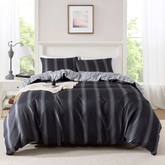 Mainstays Full/Queen Duvet Cover Set, Reversible All-Season, 3-Piece, Dark Grey Stripe