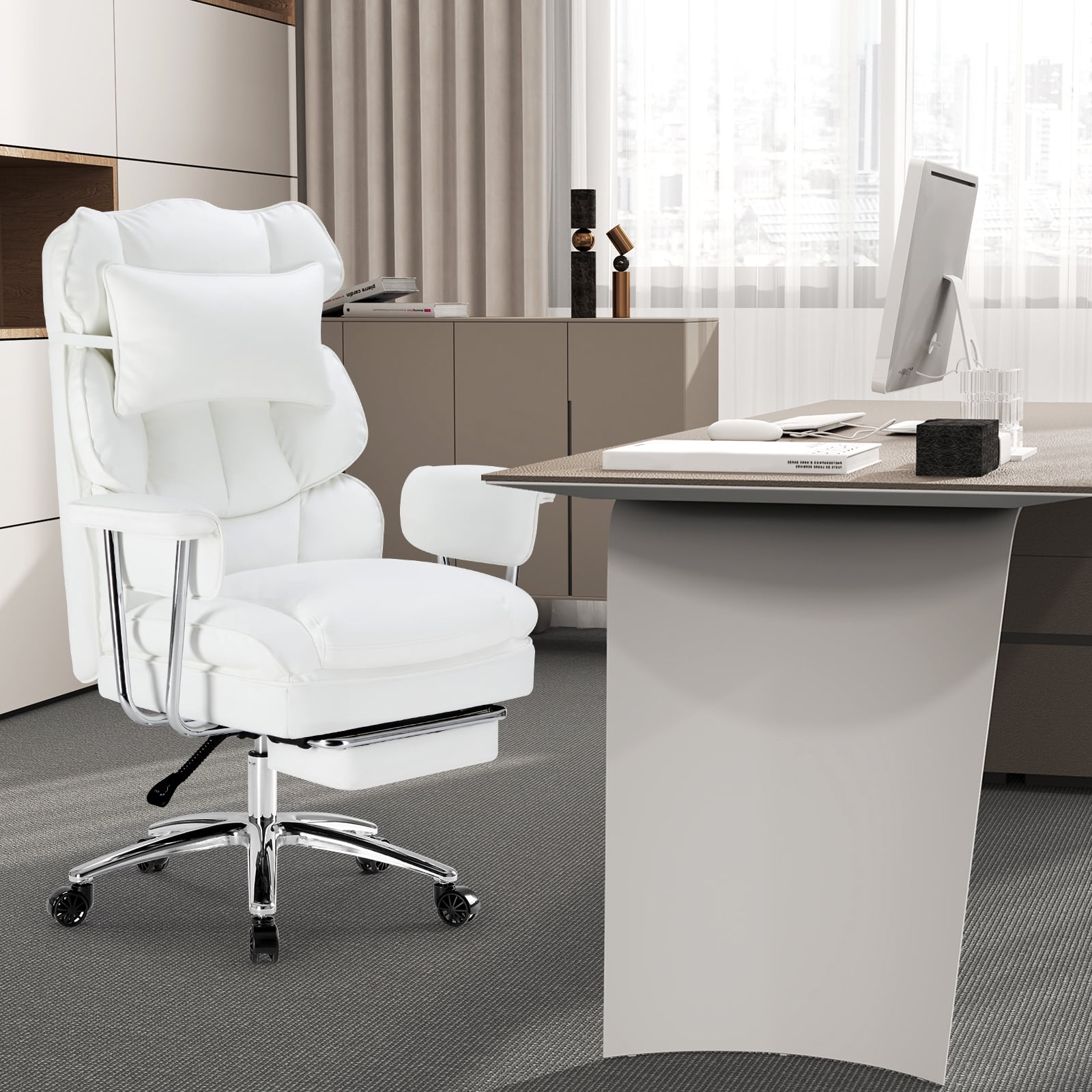 CONCETTA Executive Ergonomic Home Office Chair with Footrest & Lumbar Support, Big Tall High Back, PU Leather, Adjustable & Swivel, White