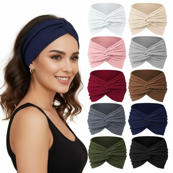 10PCS Wide Knotted Headbands for Women, Stretchy Soft Fabric Turban Hair Bands, 5.1" Wide