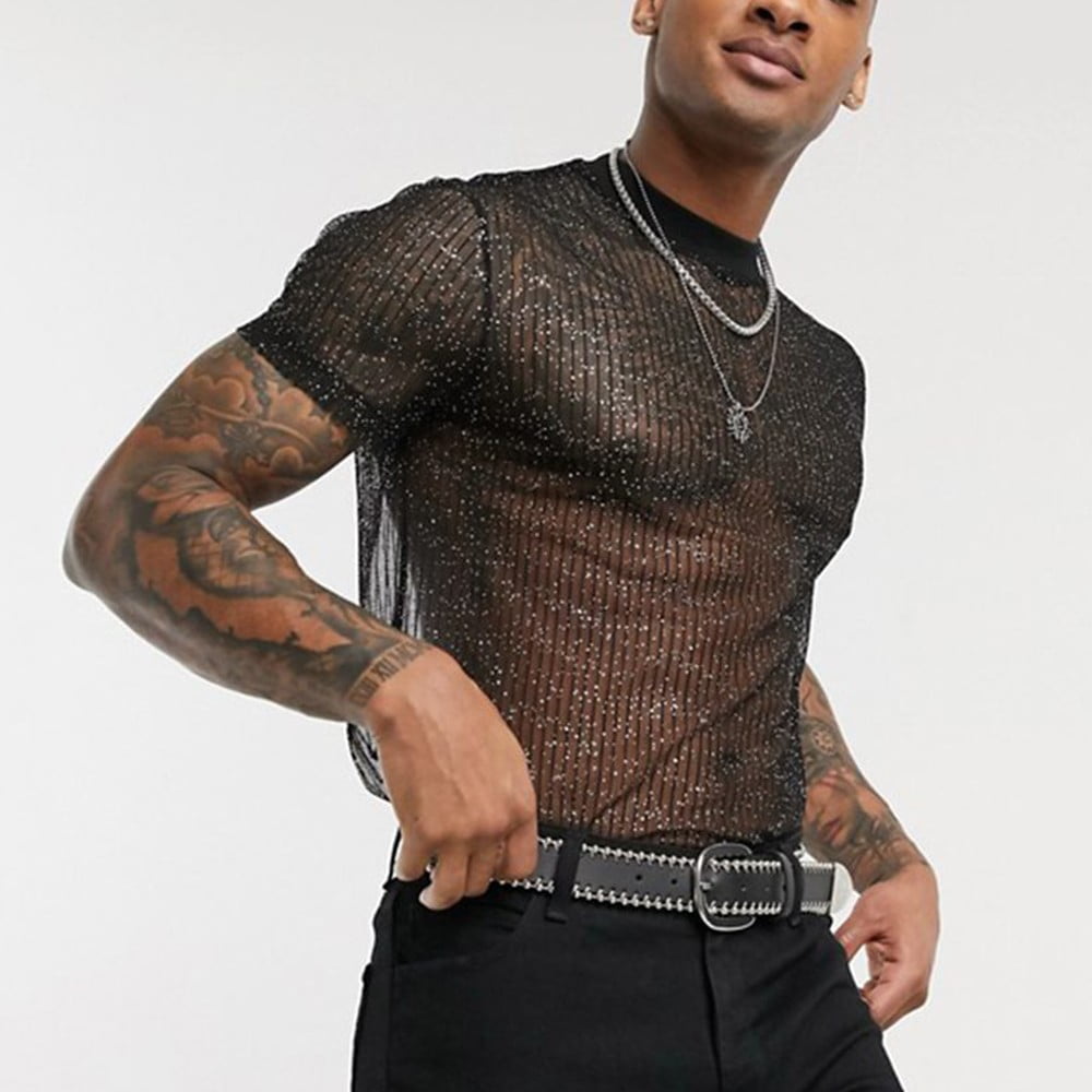 Men See Through Short Sleeve Sequin Shiny Mesh Shirts Casual Sheer Club Top  