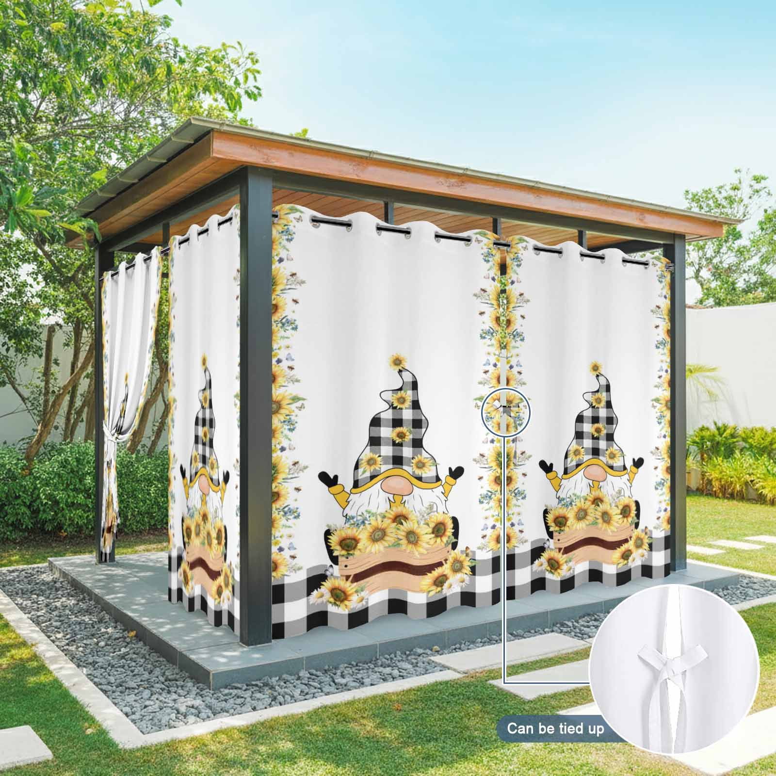 1 Panel Outdoor Curtains for Patio Waterproof 54"x108" Sunflower Gnomes Weatherproof Privacy Outsides Curtains, Yellow Summer Botanical Farmhouse Grommet Thermal Drapes for Cabana Porch Pergola