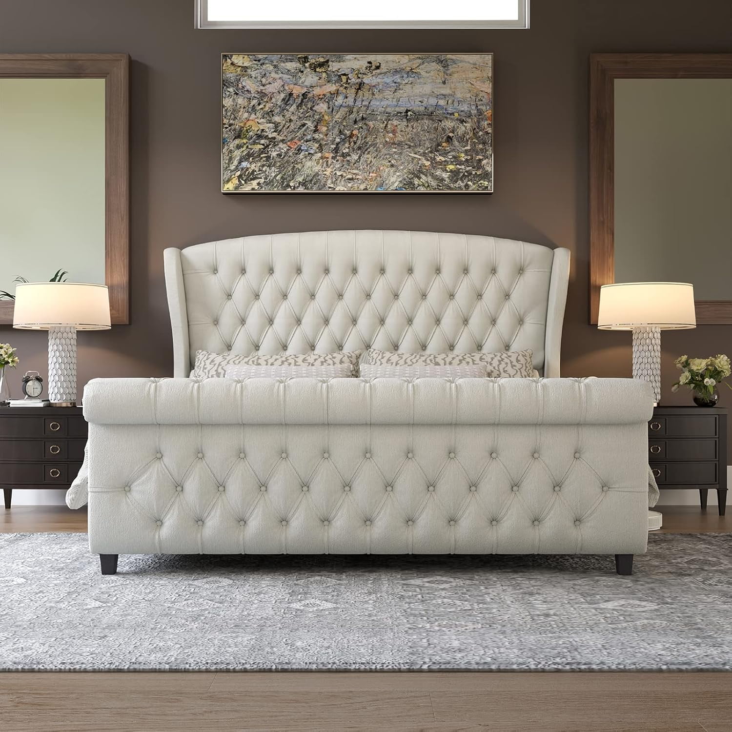 Amerlife King Size Bed Frame with Chenille Upholstery, Scroll Wingback Headboard and Footboard, Cream