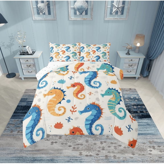Erosebridal Cartoon Seahorse Comforter Sets Twin Size, Seashell Comforters & Duvets, Marine Coral Reversible Duvet Insert, Ultra Soft Bedroom Decorative, 2 Pieces