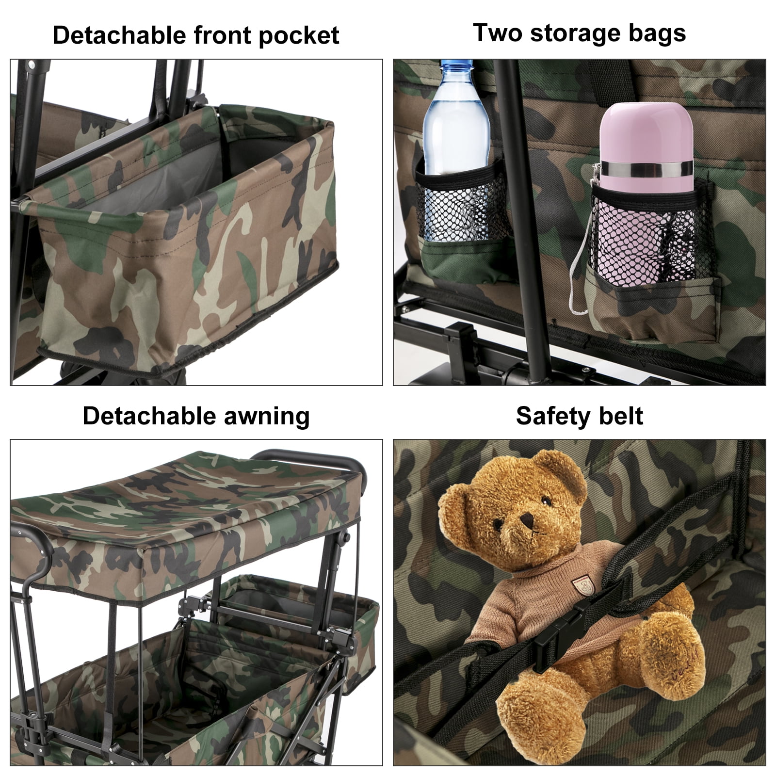 BENTISM Collapsible Wagon Cart, Folding Utility Garden Cart with Removable Canopy 600D Oxford Cloth,Wide Large All Terrain Wheels,Adjustable Handles Beach Cart for Camping (Camouflage)