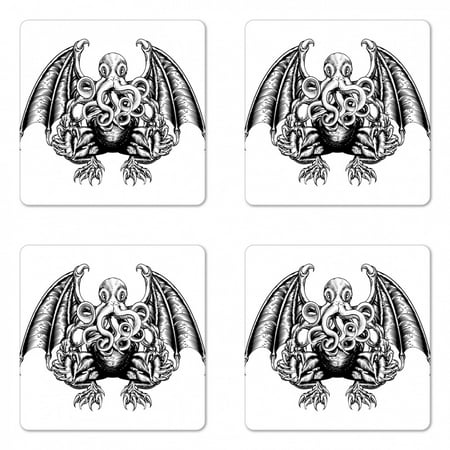 

Kraken Coaster Set of 4 Cthulhu Monster Evil Fictional Cosmic Monster in Woodblock Style Illustration Print Square Hardboard Gloss Coasters Standard Size Black White by Ambesonne