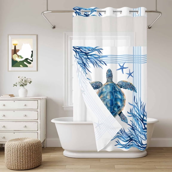 Ocean Turtle No Hook Shower Curtain with Snap in Liner, Blue Starfish Coral Summer Animal Striped Waterproof Shower Curtains with See Through Top Window Liner for Bathroom, 36x72 Inches