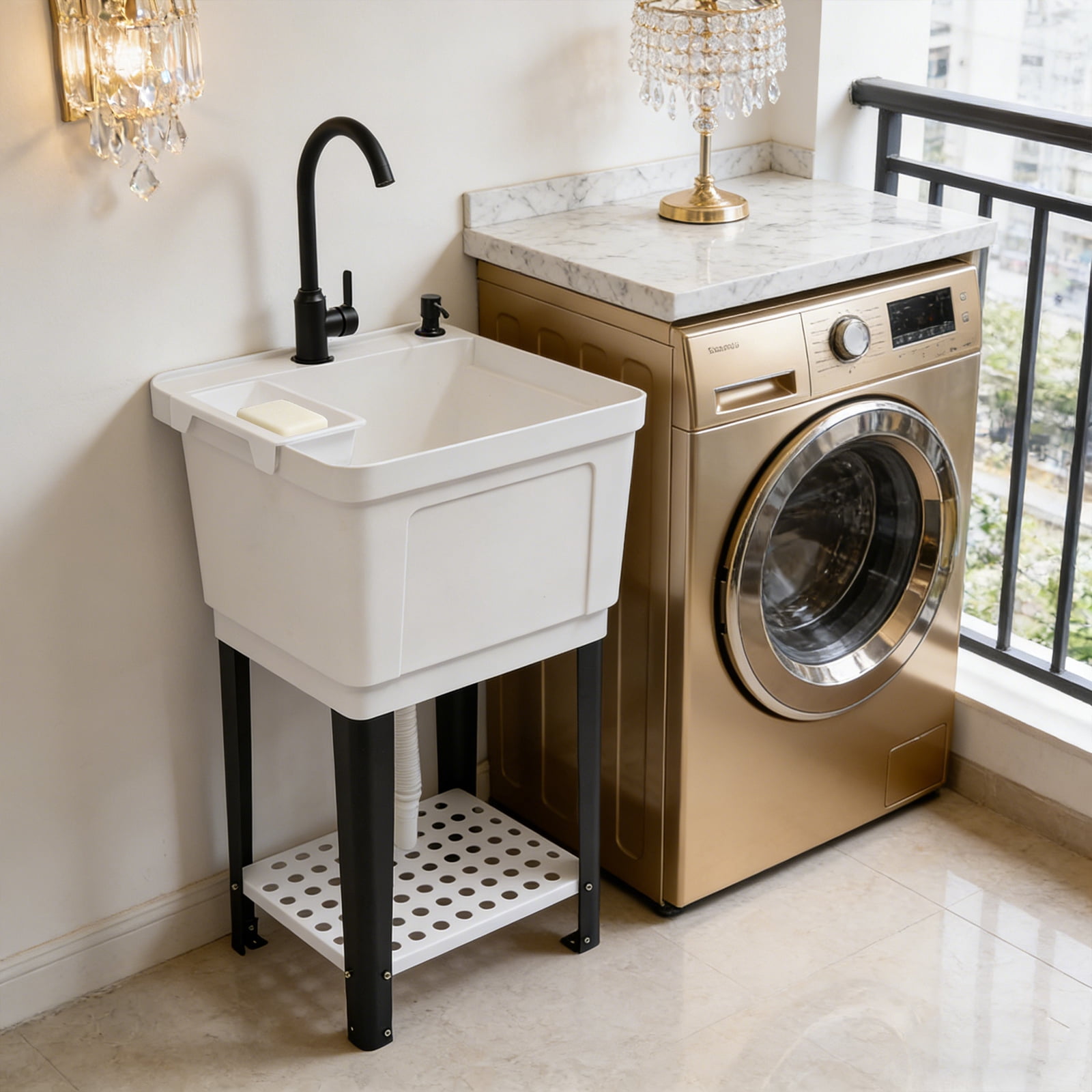 Freestanding Laundry Sink with Faucet, White Utility Sink With Soap Dispenser & Bottom Storage Rack, for Laundry Room Balcony, Garage & Pet Bathing