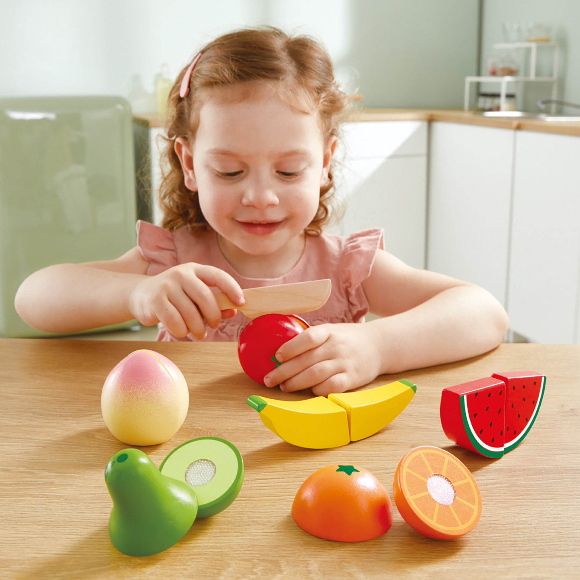 Hape: Fruit Set - 7pc, Wooden Food Play Set, Knife & Velcro Stick Together Fruit Pieces, Cut In Half, Kitchen Pretend Play, Realistic Toy, Kids Age 3+