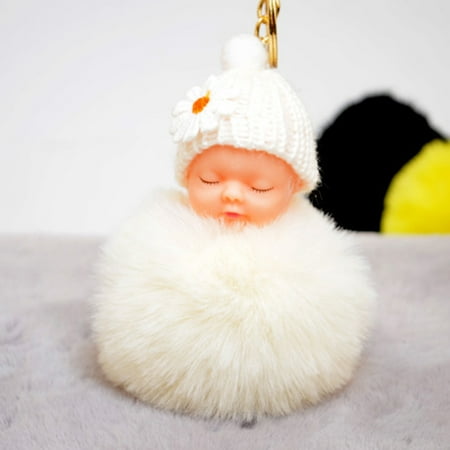 Cute Small Flower Sleeping Baby Doll Fake Fur Fluffy Ball Keychain Bag Key Rings Car Key Pendant Cartoon Ornaments Gifts Color