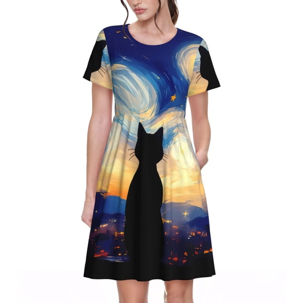 Easygdp Cat Under Starry Skies para Vestido Transpirable de Mujer, Vestido Suelto de Manga Corta con Pliegues y Bolsillos para el Verano