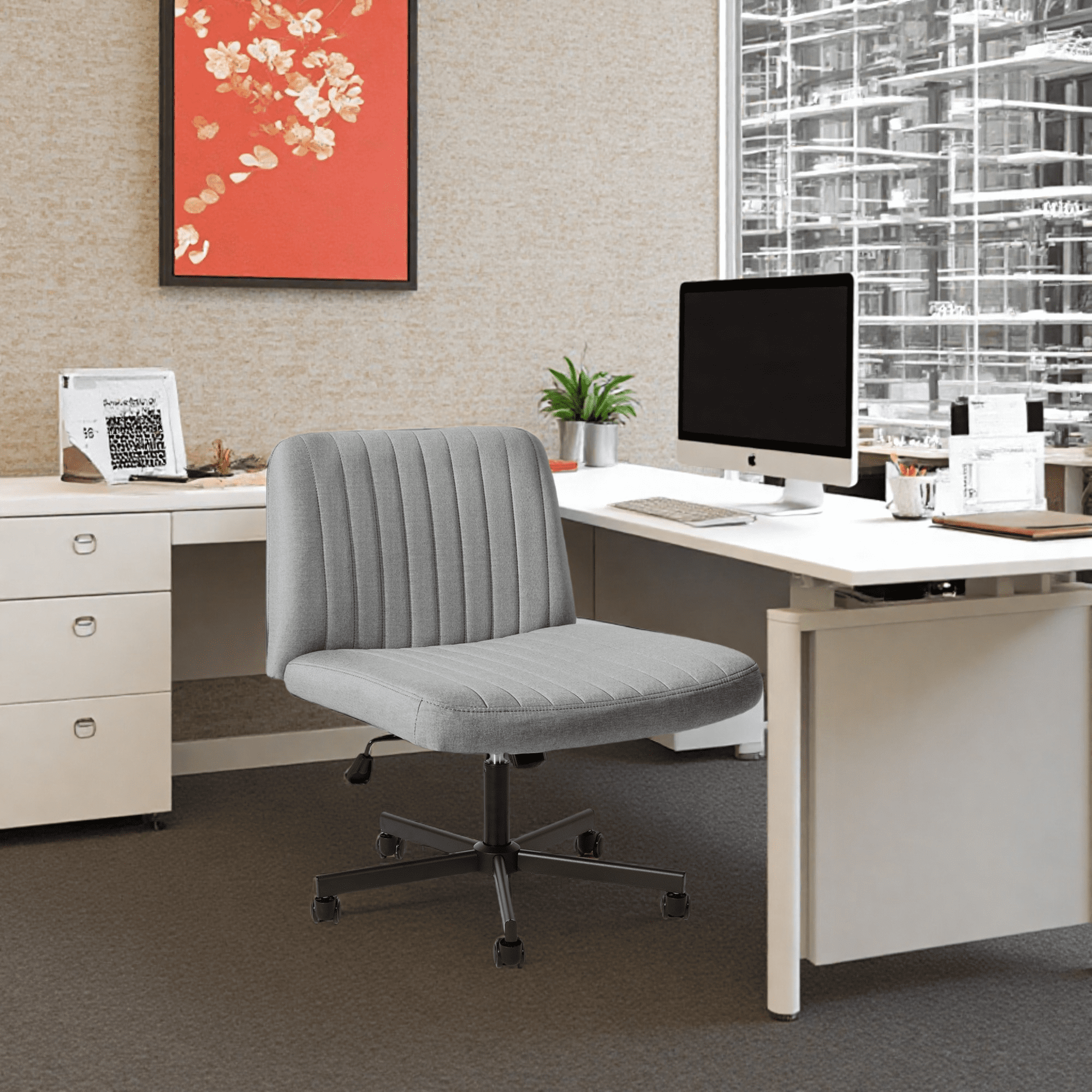 LOGYAT Extra Wide Rolling Desk Chair, Criss Cross Legged Chair, Armless Office Chair with Wheels, Plus Size Vanity Chair for Bedroom, Grey