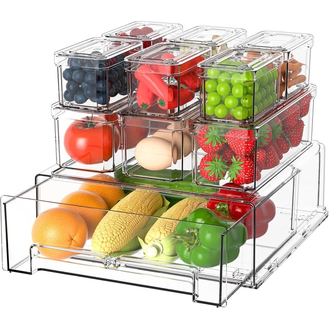 Paquete de 10 contenedores organizadores para refrigerador, contenedores transparentes para organizar el refrigerador con cajones y tapas, contenedores apilables para almacenar alimentos y frutas