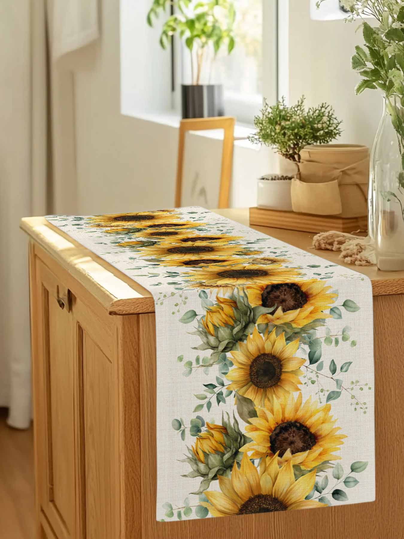 Farm Sunflower Eucalyptus Leaves Table Runner 90 Inches Long, Rustic Plants Retro Linen Table Runners Tabletop Scarf Kitchen Dining Tables Decoration for Home Party Indoor Outdoor