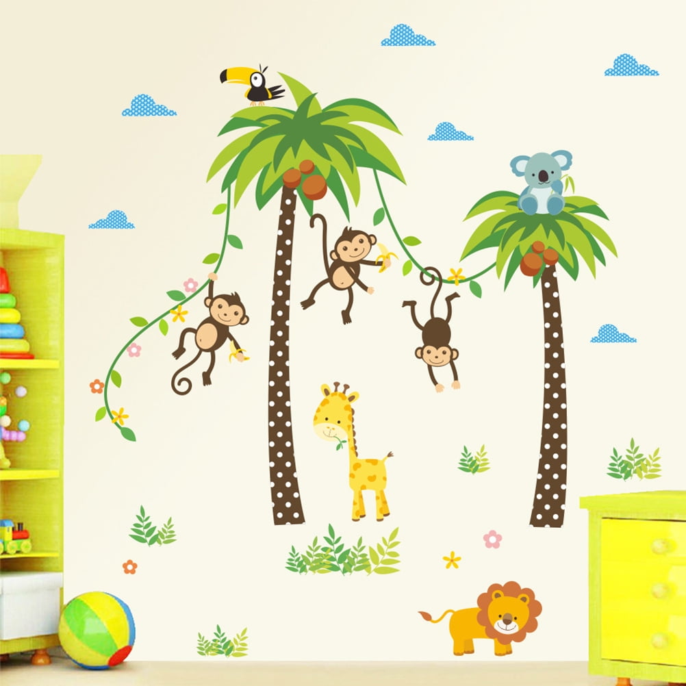 Details about   JUNGLE ANIMALS WALL DECALS Elephant Giraffe Palm Tree Stickers Baby Decor 