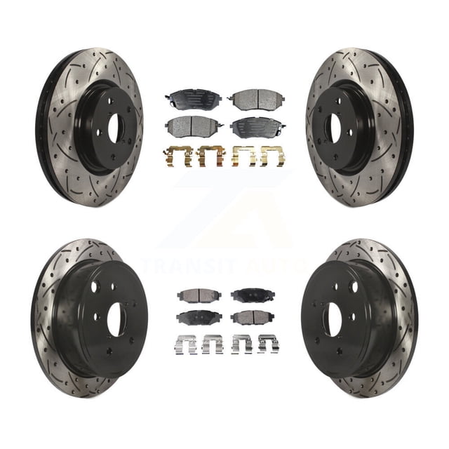 Transit Auto Front Rear Coated Drilled Slotted Disc Brake Rotors and Semi-Metallic Pads Kit for Car Subaru WRX KDF-100290