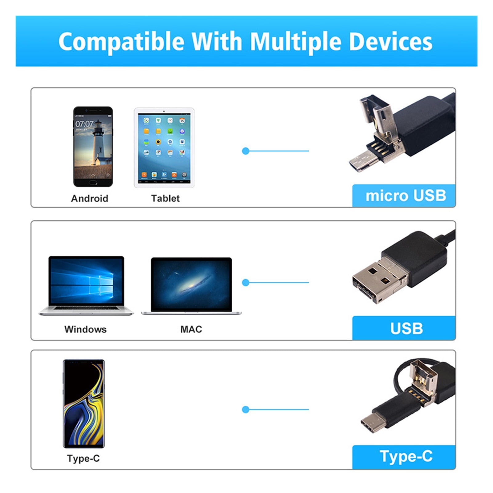 1080P/640P USB Endoscope Inspection Camera 3 In 1 USB/Micro USB/Type-C Endoscope Camera Borescope With 8 LED , User-Friendly Borescopes