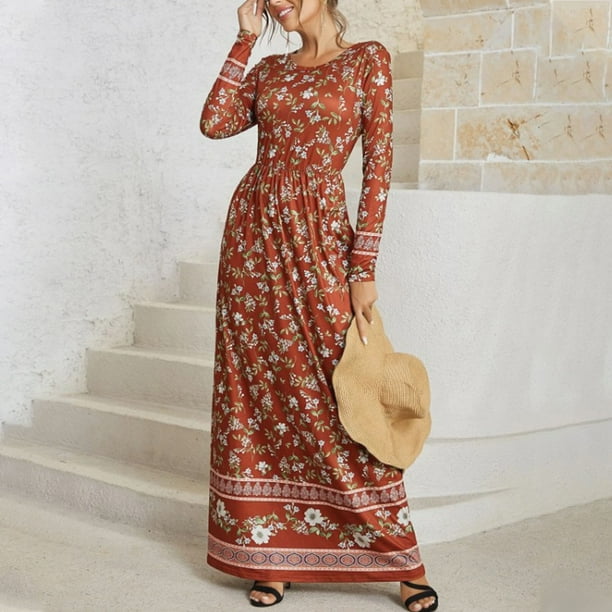 Fall Dresses for Women Crewneck Long Sleeve Floral Print Maxi Dress Casual A Line Flowy Beach Holiday Long Dress