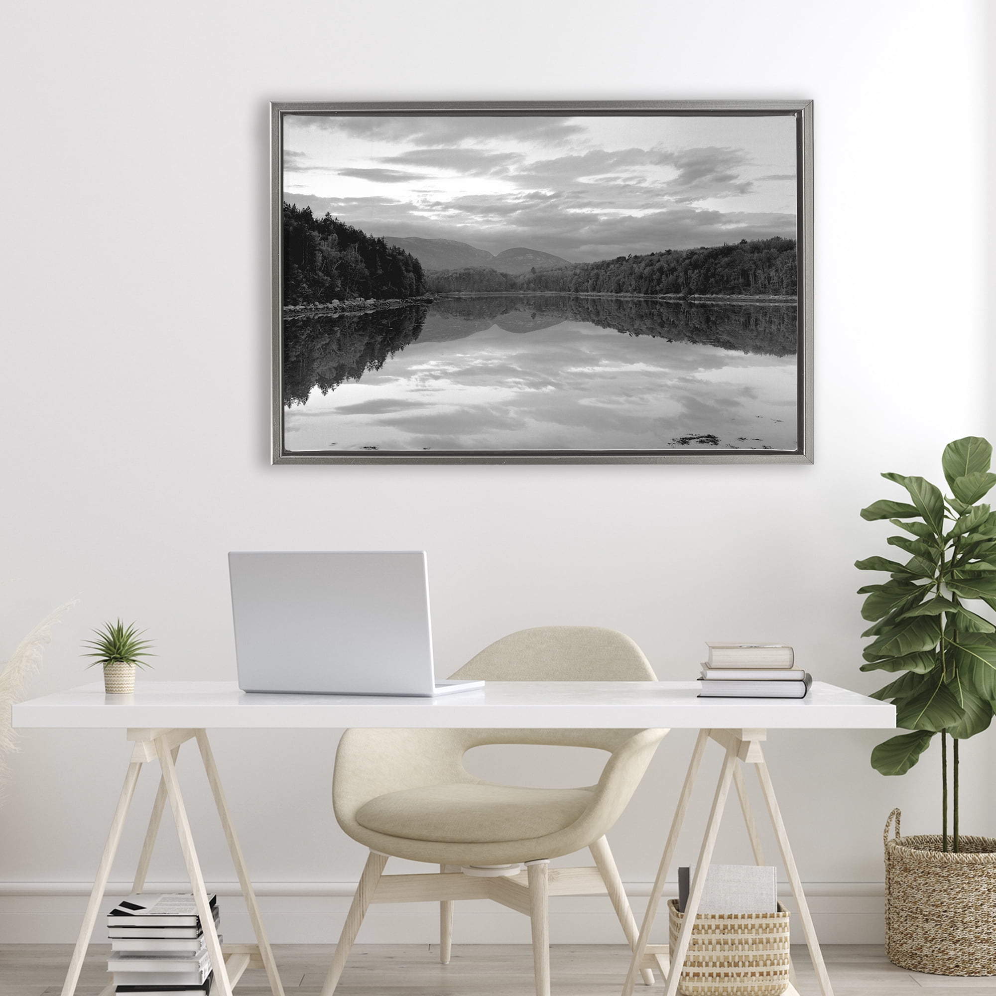 Stupell Industries Acadia Reflection in Monochrome Gray Framed Floater Canvas Wall Art, design by MJ Photography