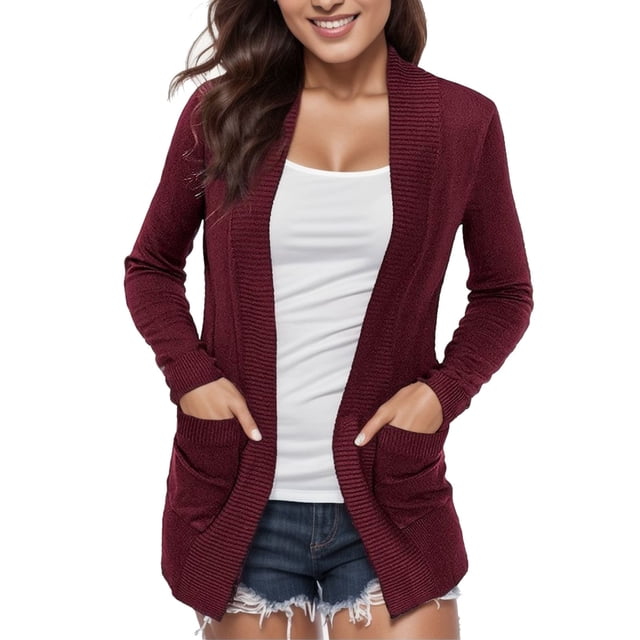 WEIYLL Womens Fleece Jacket Cardigan Sweater Pocket Lightweight Wine Fall Clothes Size L