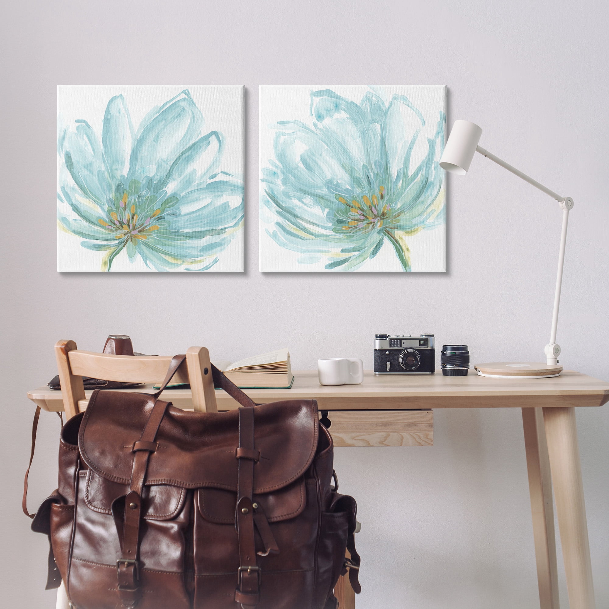 Stupell Industries Blue Blossoms on White Botanical & Floral Painting Gallery Wrapped Canvas Art Print Wall Art, 24 x 24, Set of 2