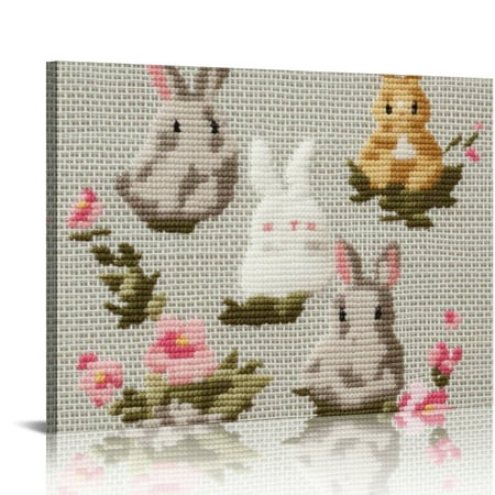

Sheronv Rabbits Flowers Cross Stitch Wall Decor for Bedroom Living Room Office - Waterproof and Tear Resistant Quality Paper - Aesthetic Home Decoration and Perfect Gift - Easy to Frame 16x12in
