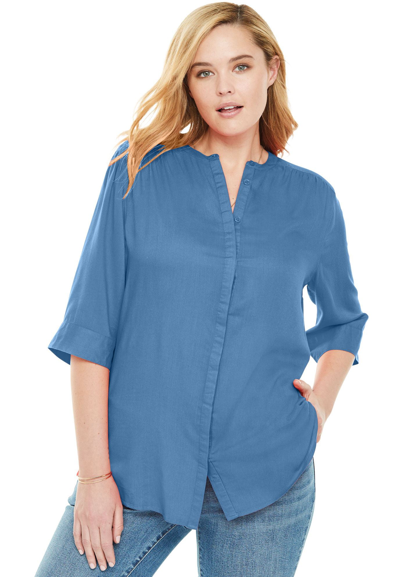 Plus Size Mandarin Tunic Button Down Shirt - Walmart.com
