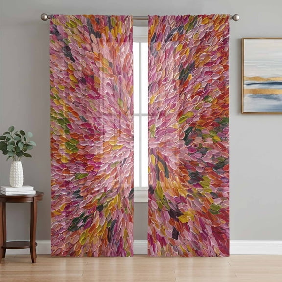 Sheer Curtains 96 Inches Long 2 Panels Set for Living Room, Watercolor Dahlia Semi Sheer Curtains for Windows, Floral Modern Abstract Oil Painting Art Voile Window Treatments Rod Pocket Curtain