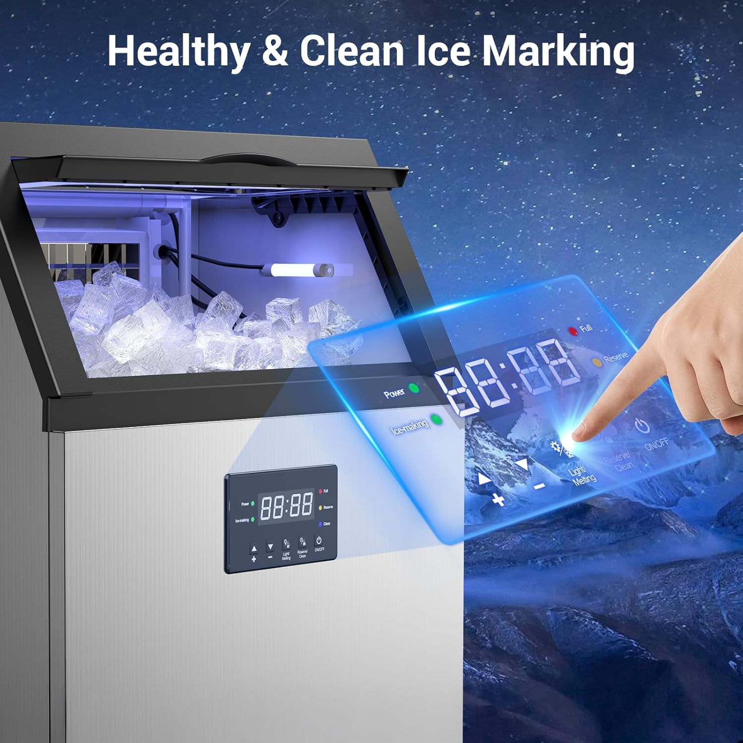 High-Volume Commercial Ice Maker - 165Lbs/24H Output, 45Lbs Storage Bin, 5-15 Minute Ice Ready, Stainless Steel with Water Line Hookup & 12 Thickness Settings