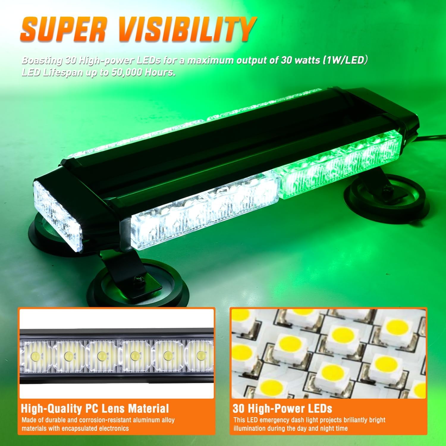 Nilight 14.5" 30LED Strobe Light Bar Double Side Rooftop Emergency Flashing Lights Green White Safety Warning Hazard Light Bars with Magnetic Base for Trucks Pickup