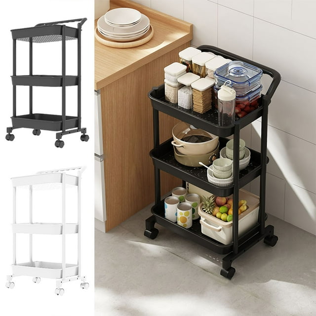 Large Floor Shelving Unit Mobile Storage Cart Adjustable Tier Shelves Kitchen And Bathroom Organizer Snack Storage Rack