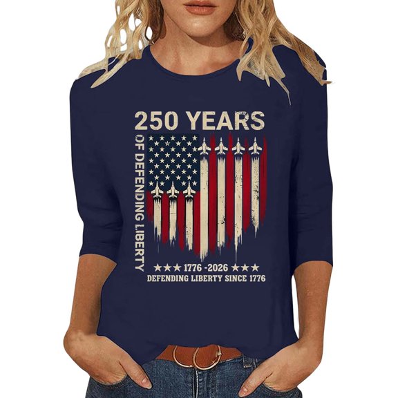 LINGLANG 3/4 Sleeve 4th of July Shirts for Women, Crewneck Patriotic USA Flag 250th Anniversary Shirt, Summer Casual July 4th Tee Tops Blouse