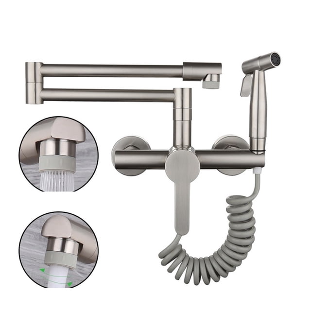 Robinet d'Évier de Cuisine avec Pistolet Pulvérisateur, Robinet Moderne pour Remplir Casseroles, Poignée Unique, Rétractable, Mural, Mitigeur Pliant à Bras Oscillant, Facile à Installer