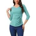thumbnail image 1 of Blusa de mujer con fruncidos Inspire Chic, decoración de botones, cuello en V, manga 3/4, top de punto sólido, XS, cian oscuro, 1 of 5