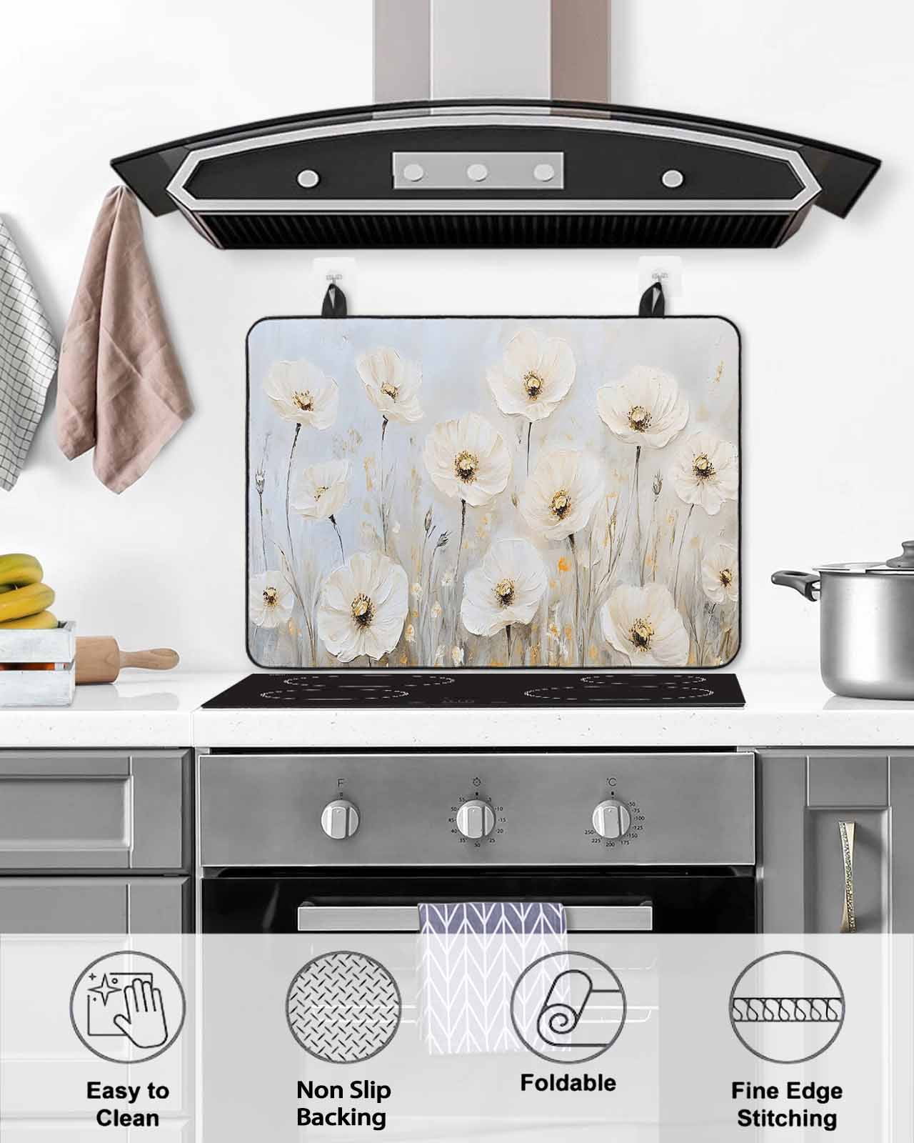 nqOlkjepod Large Induction Cooktop Protector Mat 36"x21", Daisies Flowers Stove Top Covers for Electric Stove, Modern Smear Art Neutral Textured Stove Burner Cover Mats, Glass Top Stove Cover