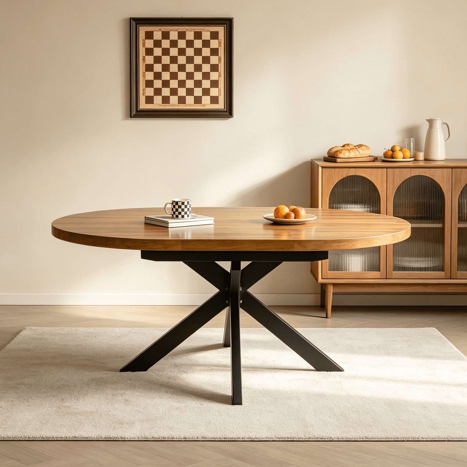43.2"-59.2" Extendable Round Dining Table for 4-6,Mid Century Modern Wooden Round Table,Dining Room Table with Metal Frame for Dining Living Room ,Saving Space