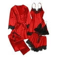 thumbnail image 3 of Oksale 5 PC Women Satin Pajamas Set Plus Size Lace Trim Long Sleeve Robes Elastic Long Pants and Shorts Sexy Strap Vest Cozy Breathable Sleepwear Red 3XL, 3 of 8